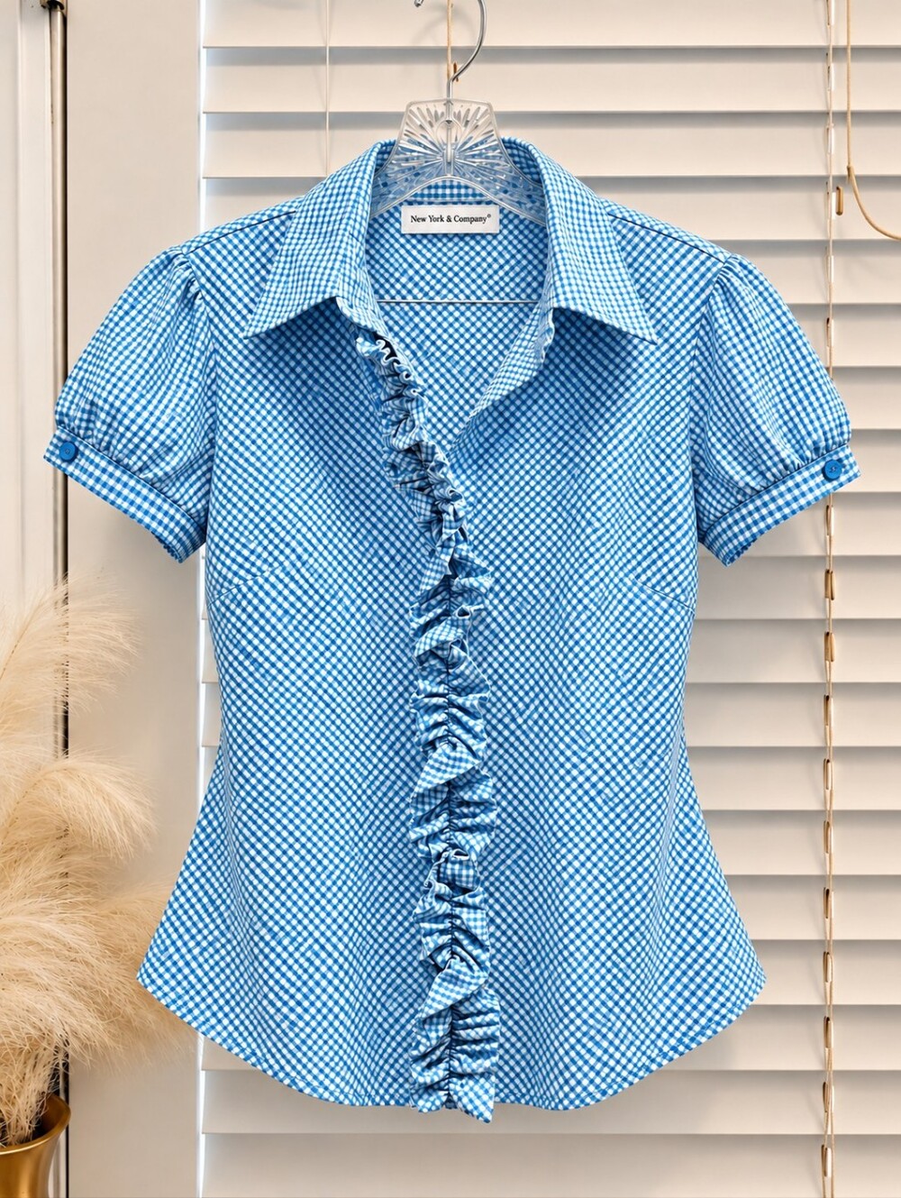 New York & Company Light Blue Gingham Ruffle Button-Down Shirt